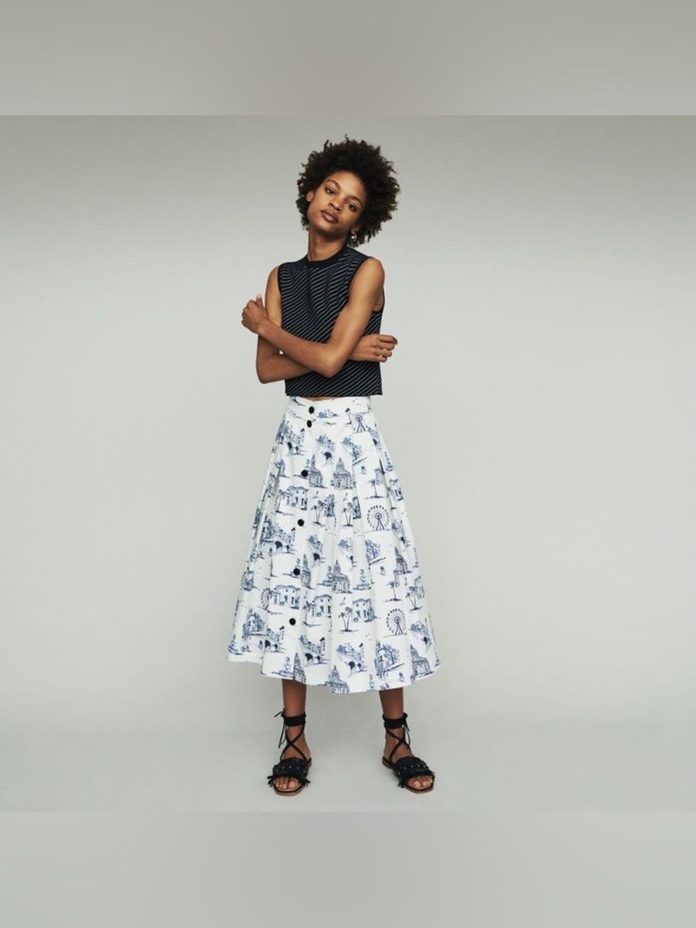 Maje White Midi Skirt with Blue Scenic Print